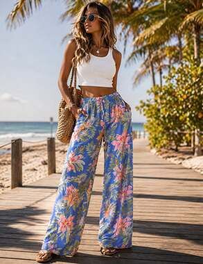 NWT Billabong Seaside Beach Pant Sky Multi Tropical Floral Wide Leg